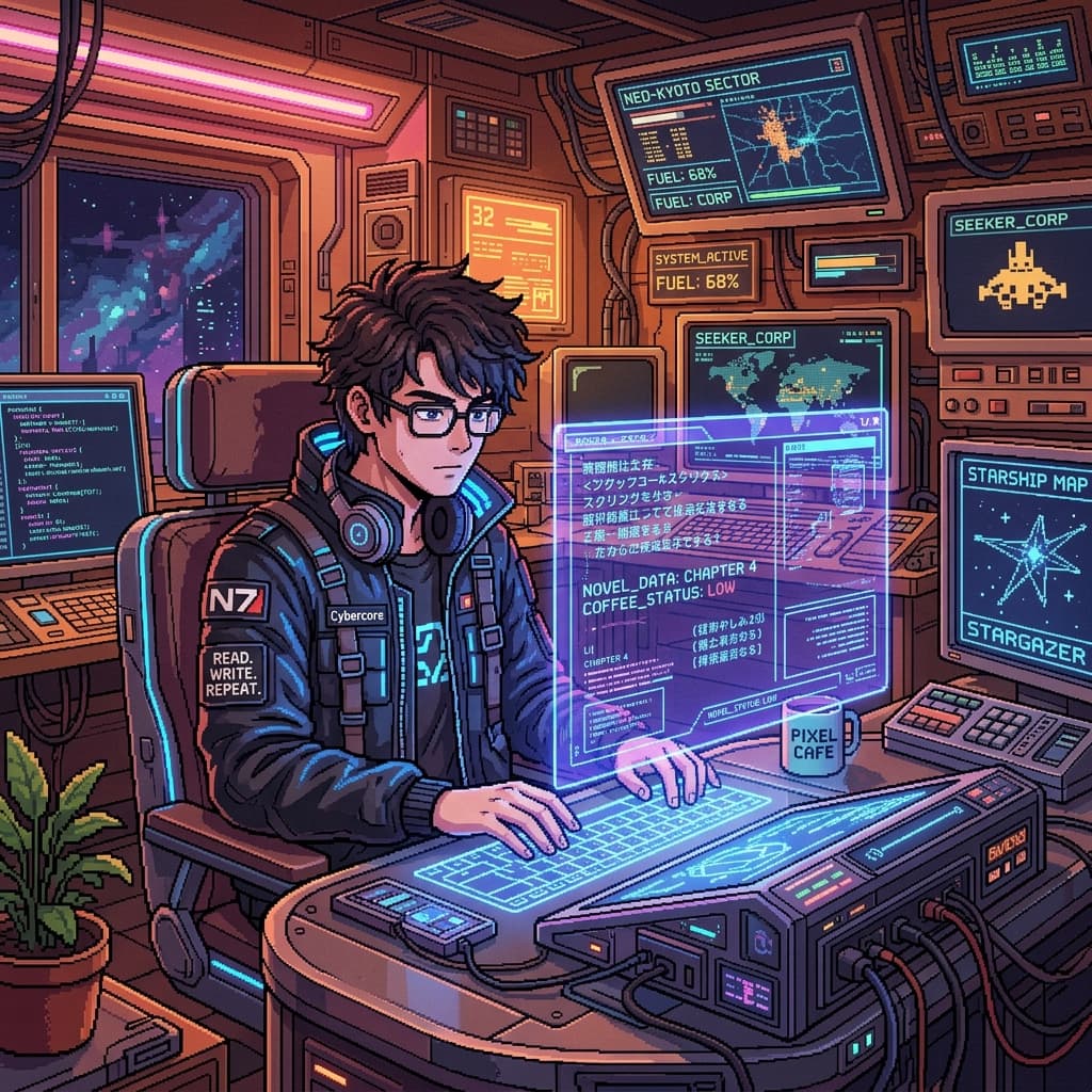 Ibán Roca at a futuristic terminal console, Y2K cyberpunk anime style