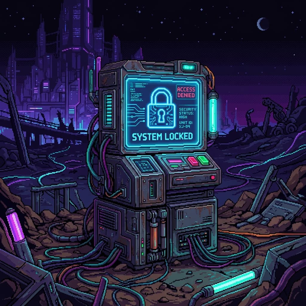 32-bit pixel art representing a high-tech locked digital terminal console in a cybernetic wasteland