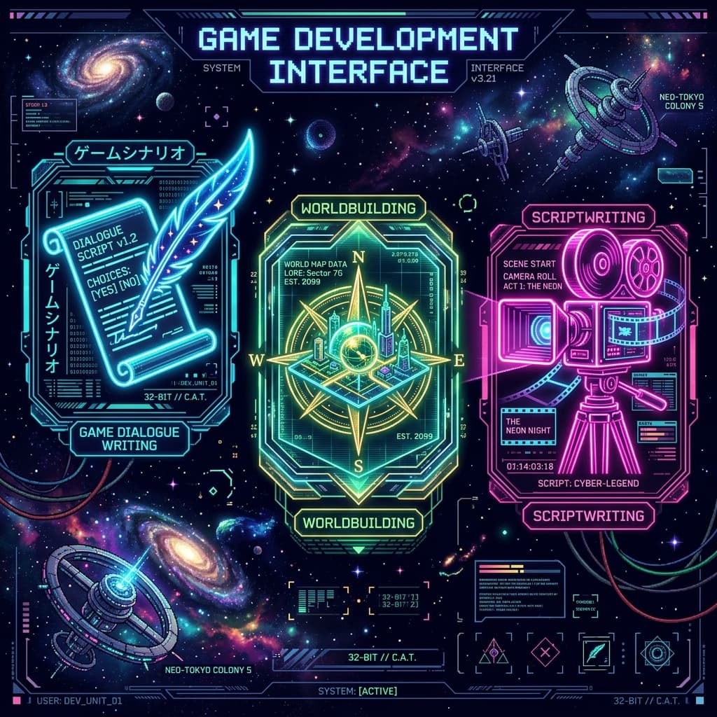 32-bit cyberpunk collage with glowing feather quill, compass, and digital narrative interfaces